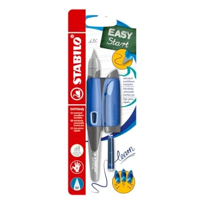 Abbildung von Ergonomischer Schulfüller für Rechtshänder mit Standard Feder M STABILO EASYbirdy Pastel blau/hellblau inkl. Patrone und Einstellwerkzeug blau (löschbar)