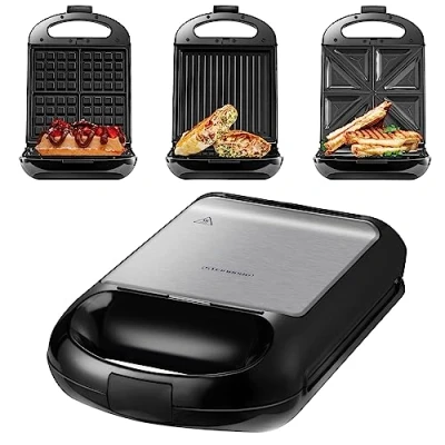Abbildung von Steinborg 3in1 Sandwichmaker XXL 3 auswechselbare Platten 1200 Watt Kontaktgril 4er Sandwich Maker Multigrill Waffel Eisenl Elektrogrill Waffeleisen