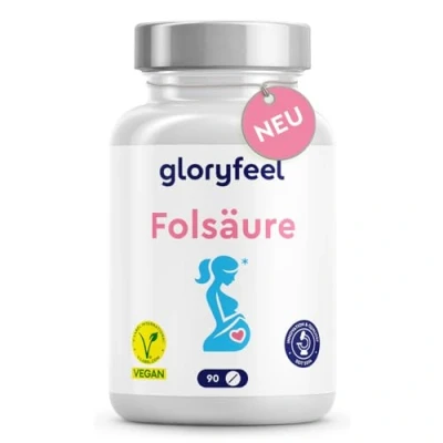 Abbildung von Folsäure 400µg für mütterliches Gewebe und das Immunsystem* Entwickelt 1 Trimester (3 Monate) Hochdosiertes Vitamin B9, Optimale Bioverfügbarkeit Vegan