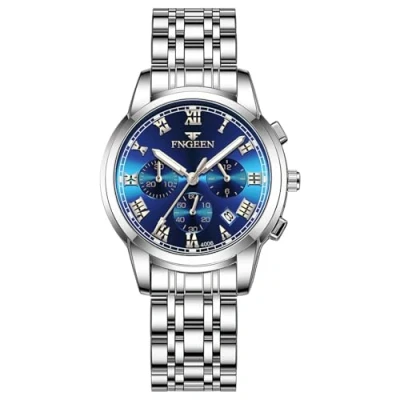Abbildung von JewelryWe Damen Uhren Edelstahl Leuchtzeiger: Datum Kalender 30m Wasserdicht Analog Quarz Frauen Armbanduhr Damenuhr mit Blau Römischen Ziffern Zifferblatt und Silber Armband