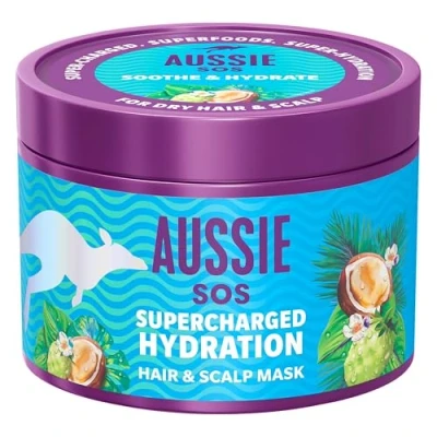 Abbildung von Aussie SOS Supercharged Hydration Haar &amp; Kopfhautmaske 500ml, zur Beruhigung von Trockenen Kopfhaut, Feuchtigkeit für Extrem Trockene Haare. 100 Stunden Feuchtigkeit, Vegane Formel
