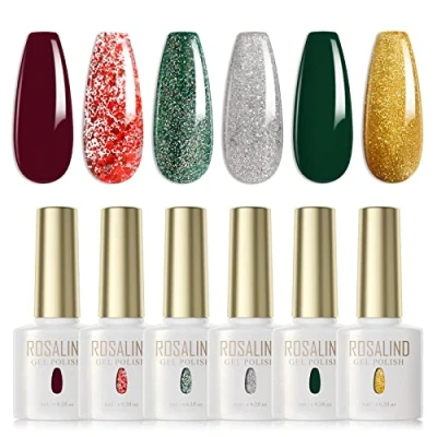 Abbildung von ROSALIND UV Nagellack,6 Farben Dunkelrot Dunkelgrün Glitzer Rot Grün Silber Gold Gel Nagellack Set Soak Off Nail Polish Art Salon DIY Home,Glitzerfarbe