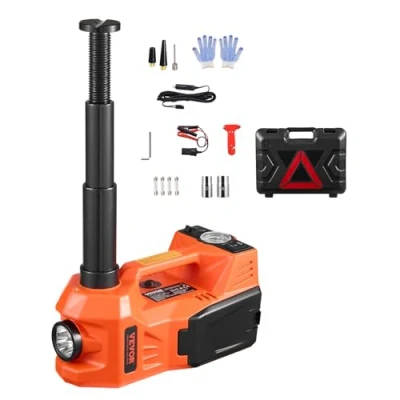 Abbildung von VEVOR elektrischer Wagenheber 5 t Scherenwagenheber mit eingebauter Pumpe, 12 V Verstellbarer Reifenwechselersatz sicherem Hammer &amp; LED Licht, tragbares Set für Limousine SUV LKW