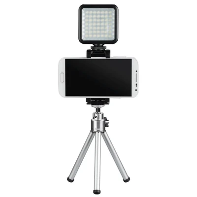 Abbildung von Hama LED Lampe als Videolicht, Fotolicht, Kameralicht (dimmbarer Strahler 6000 K, kompakte, tragbare Fotolampe mit Handyhalterung, Blitzschuh z.B. für Mikro, 1/4 Zoll Gewinde Kamera Stativ)
