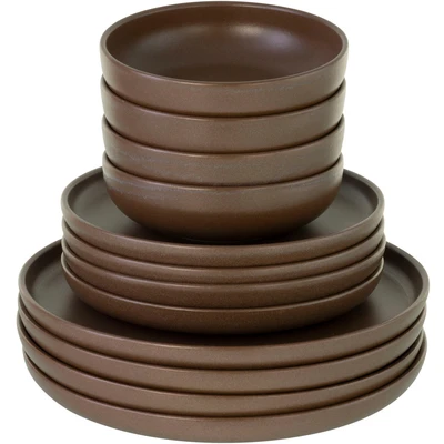 Abbildung von CreaTable, 23659, Serie Uno braun, 12 teiliges Geschirrset, Teller Set aus Steinzeug, spülmaschinen und mikrowellengeeignet, Made in Portugal