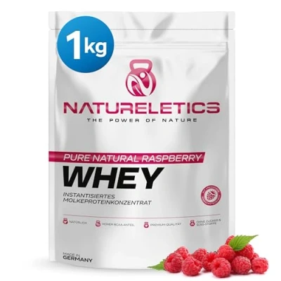 Abbildung von NATURELETICS HIMBEERE 1kg natürliches Premium Whey Protein aus Deutschland ohne Zusatz von Süßstoffen und künstlichen Aromen, Eiweißpulver mit einem hohen BCAA Anteil 22,6%