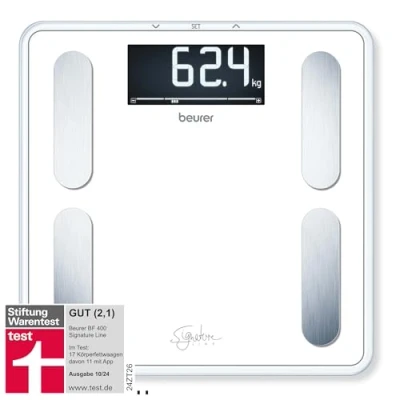 Abbildung von Beurer BF 400 white Diagnosewaage Signature Line, präzise Körperanalyse für bis zu 10 Personen, mit extra großem Invers LCD Display, Tragkraft 200 kg