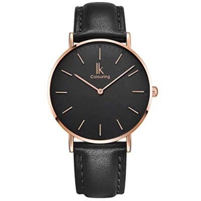 Abbildung von Alienwork Armbanduhr Herren Damen Roségold Lederarmband Schwarz Ultra flach