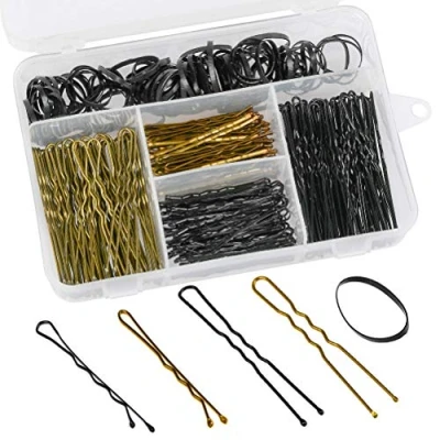 Abbildung von FOCCTS 300 Stück Haarspangen und U Haarnadel 100 Haargummi mit Aufbewahrungsbox für Mädchen Frauen, Gold Schwarz