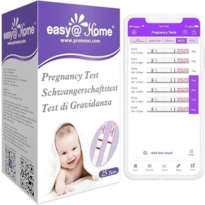 Abbildung von Easy@Home 25 x Schwangerschaftstest Frühtest 10 mIU/ml, Empfindlich Frühschwangerschaftstest SST mit Genauen und Zuverlässigen Ergebnissen (25 HCG Test)
