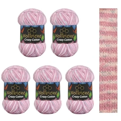 Abbildung von 5 x 100g Wollbiene Crazy Cotton Batik 500 Gramm mit Farbverlauf 55% Baumwolle mehrfarbig Multicolor Strickwolle Häkelwolle Wolle Ganzjahreswolle (6080 flieder blau color)
