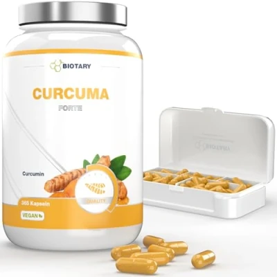 Abbildung von Curcuma Forte 365 Kapseln 4500 mg pro Tagesportion inclusive Pillenbox hochdosiert Vegan mit schwarzem Pfeffer Laborgeprüft