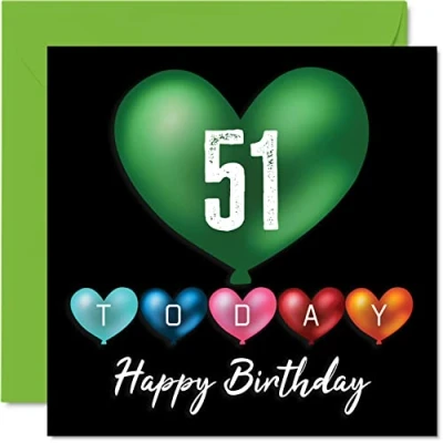 Abbildung von Stuff4 Lustige Geburtstagskarte zum 51. Geburtstag für Männer und Frauen Herzballons Happy Birthday Karte Vater, Mutter, Großvater, Nanny, Oma, Onkel, Tante, Cousin, Freund, 145 mm x