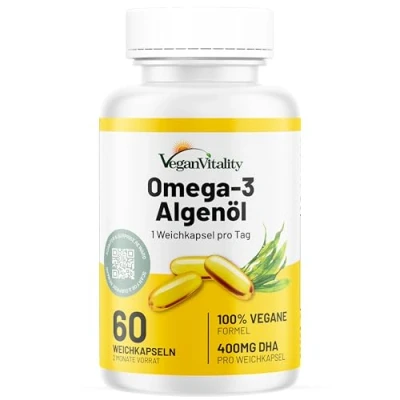 Abbildung von Omega 3 Vegan Algenöl 400 mg DHA pro Kapseln, 60 Kapseln Hochdosiert Vitamin Stack Ohne Fischöl