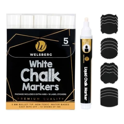 Abbildung von welsberg Kreidestifte Marker Set Weiss, 5 Stück Flüssigkreide Markern 5mm Spitze mit 16 Etiketten und Extra Spitzen, Kreidemarker für Tafeln, Fenster, Glas, Whiteboard, 10 Gramm Jumbo Tinte