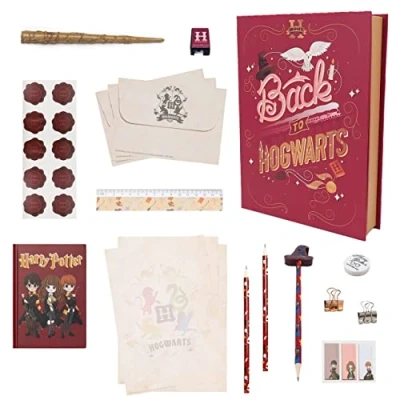 Abbildung von Harry Potter Schreibwaren Set, Hogwarts Schreibset, Enthält Notizbuch, Umschläge, Papier, Aufkleber, Zauberstab Stift, Clips, Radiergummi, Anspitzer, Schachtel, Geschenke für Jugendliche
