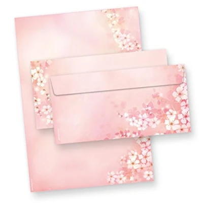 Abbildung von Briefpapier mit Umschlag Set Frühling Kirschblüten 25 Sets Papier DIN A4 rosa Blumen Blüten für Frauen Erwachsene Ostern