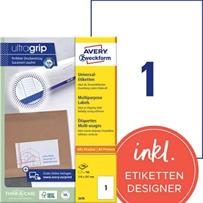 Abbildung von AVERY Zweckform 3478 Universal Etiketten (100 Klebeetiketten, 210x297mm, Papier matt, bedruckbare Versandetiketten, selbstklebende Versandaufkleber mit ultragrip) 100 Blatt, weiß