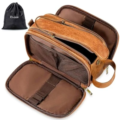 Abbildung von Elviros Kulturbeutel Herren aus PU Leder große Kulturtasche Damen wasserdichte Reise Waschtasche im Bade Kosmetiktasche mit einem Nass Trockenbeutel, Braun