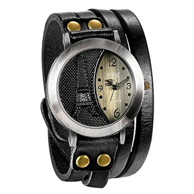 Abbildung von JewelryWe Herren Damen Armbanduhr, Schwarz Leder Armband Wickelarmband, Retro Eiffelturm Design mit Strass, Analog Quarz Uhr, einfaches Digital Zifferblatt