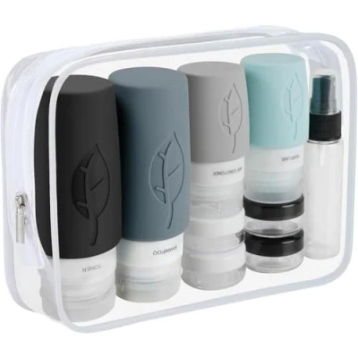 Abbildung von Reiseflaschen zum Befüllen, 17 Stück Silikon Auslaufsichere Travel Bottles Essentials und Reise Shampoo Behälter BPA frei Praktisches Set für Lotion, Spülung, Duschgel