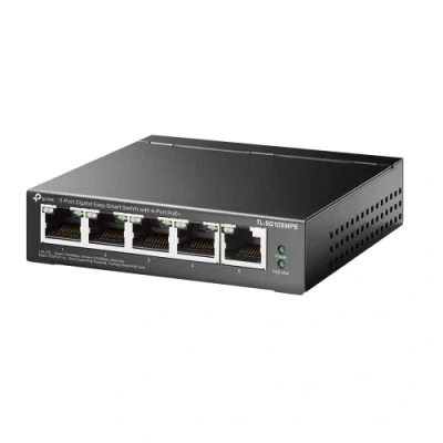 Abbildung von TP Link TL SG105MPE 5 Port Managed PoE Switch mit 4 PoE+ Ports (120 Watt, IEEE 802.3af/at PoE,lüfterlos, Plug and Play, Robustes Metallgehäuse) Schwarz