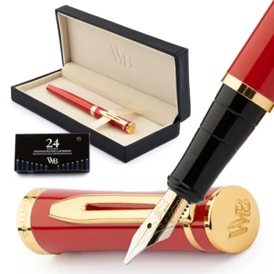 Abbildung von Wordsworth &amp; Black Füllfederhalter Set, breite 18 Karat Goldfeder, inklusive 24 Tintenpatronen, Kolbenkonverter und Geschenkbox, goldfarben, Kalligraphie, Karminrot
