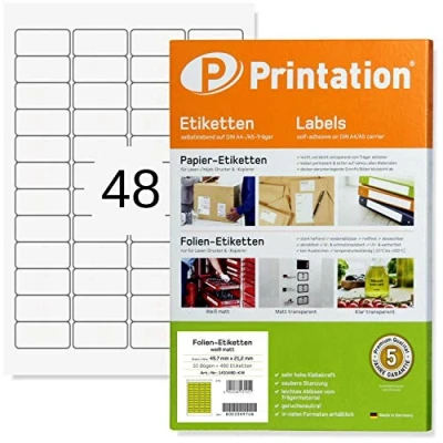 Abbildung von Printation 45,7 x 21,2 mm Folien Etiketten wasserfest selbstklebend matt weiß stark 480 Klebeetiketten zum bedrucken 10 DIN A4 Bogen/48 wasserfeste 45,7x21,2 pro Blatt 4x12