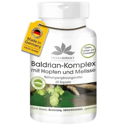 Abbildung von Baldrian Extrakt Plus mit Hopfen und Melisse 60 Kapseln vegan HERBADIREKT by Warnke Vitalstoffe Deutsche Apothekenqualität