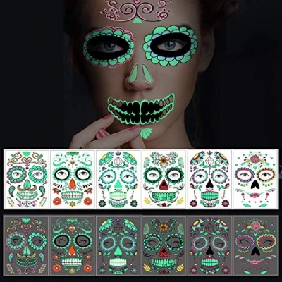 Abbildung von Temporäre Halloween Gesichtstattoos, 6 Blatt Glow in the Dark Tattoos Zuckerschädel Aufkleber Tag der Toten Make up, für Maskerade und Partys