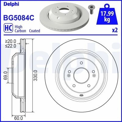 Abbildung von DELPHI BG5084C Bremsscheibe 330 22 5 Belüftet beschichtet hochgekohlt ohne Radlager, ABS Sensorring