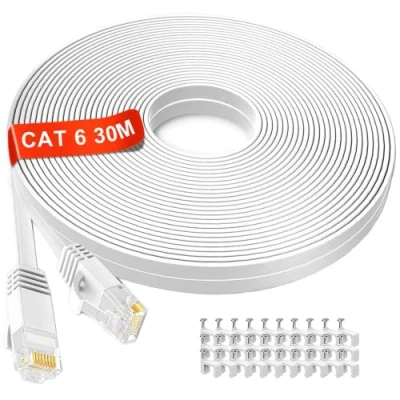 Abbildung von LAN Kabel 30 meter Weiß, Lang Netzwerkkabel Flach, Hochgeschwindigkeits Gigabit Ethernet Kabel, Cat6 RJ45 Weiss Internet Patchkabel für Router, Switch, Modem, Laptop, PS5, PS4, Smart TV, Xbox One