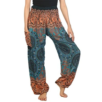 Abbildung von Lofbaz Damen Haremshose mit gesmoktem Boho Hosen Rose 2 Teal Grün Size S