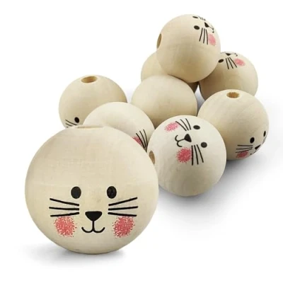 Abbildung von Netuno 8 Stück Holzperlen mit Gesicht smiling cat face 30 mm Holz Kugeln Loch für Makramee Schmuck basteln Deko Perlen Schmuckperlen Bastelholzperlen große Löcher Holzkugeln Bohrung