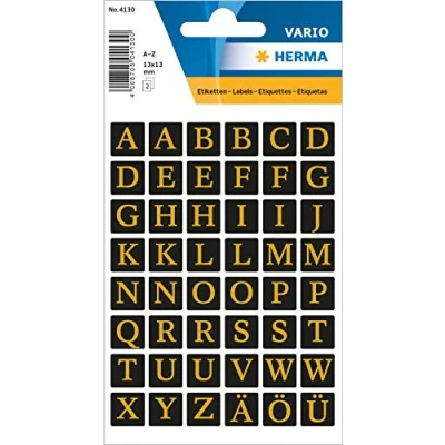 Abbildung von HERMA 4130 Buchstaben Aufkleber gold, 96 Stück, 13 x mm, selbstklebend, groß, Alphanet Sticker Klebebuchstaben A Z aus Folie zum Aufkleben, schwarz