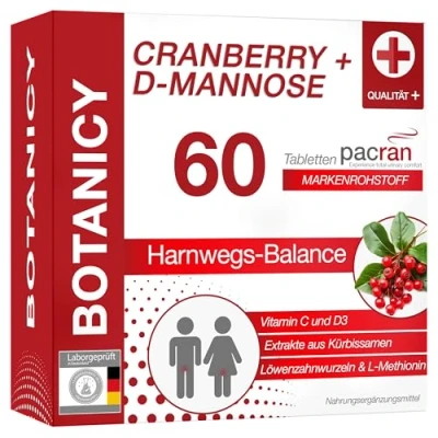 Abbildung von BOTANICY Cranberry + D Mannose Unterstützt Blase &amp; Harnwege PACRAN® Pulver, Vitamin C und D3, Kürbissamen Löwenzahnwurzel Extrakt 60 Tabletten