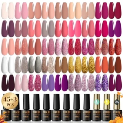 Abbildung von ROSALIND UV Nagellack Set, 48 Stück Gel mit Unterlack,Glänzender &amp; Matte Überlack, Diamant FluoreszenzÜberlack，Gellack Shellac Set für Nagel Design