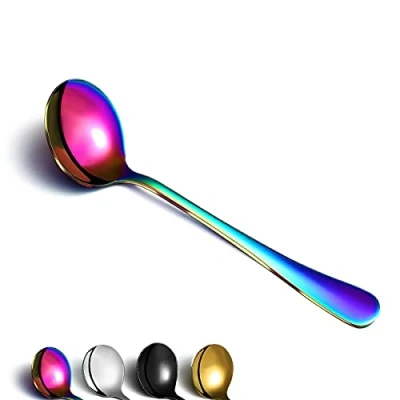 Abbildung von Berglander Regenbogen Suppenlöffel von 6, Edelstahl Runde Löffel Besteck, Klassische Bunte glänzende Suppe Tischlöffel Set Geschirrspüler sicher