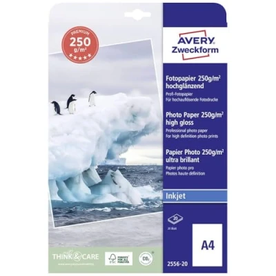Abbildung von Avery Zweckform Art. 2556 20 Premium Inkjet Fotopapier (20 Blatt, 250 g/m², DIN A4, hochglänzende Fotokarten, einseitig beschichtet, sofort trocken &amp; wischfest, Fotoblätter für Drucker) weiß
