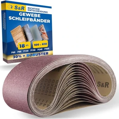 Abbildung von S&amp;R Schleifband Set 18 Stück 100 x 600 mm, je 3x P60/P80/P120/P150/P240/P400 für Bandschleifer, reißfestes Gewebe Schleifpapier, Schleifgurt, Schleifriemen Holz, Metall, Plastik, Entrostung