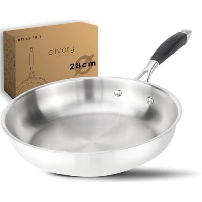 Abbildung von DIVORY Edelstahl Pfanne 28 cm PURA Induktion I unbeschichtete große Bratpfanne für alle Herdarten Induktionspfanne, Ergonomischer Griff, Spülmaschinen geeignet (28cm, Silber)