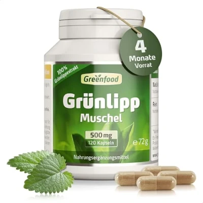 Abbildung von Grünlippmuschel, 500 mg, hochdosierter Extrakt, 120 Kapseln Ohne künstliche Zusätze. Gentechnik.