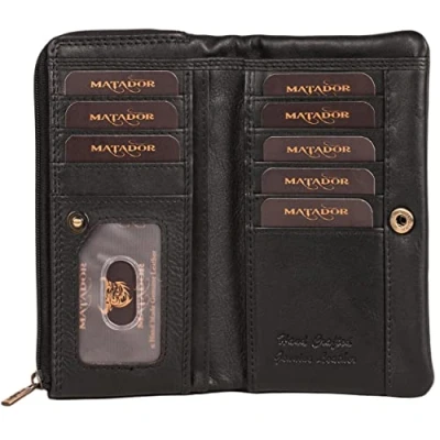 Abbildung von MATADOR Puebla Leder Portemonnaie Damen Schwarz Mittelgroß mit edler Geschenk Box Geldbörse im Hochformat RFID Geldbeutel