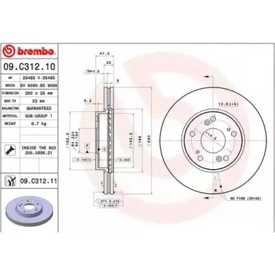 Abbildung von BREMBO COATED DISC LINE 09.C312.11 Bremsscheibe 280 25 5 innenbelüftet beschichtet mit Schrauben HONDA: CIVIC 9, 8