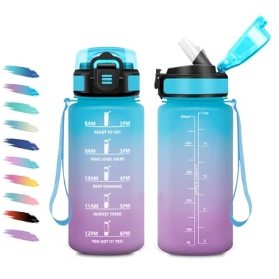 Abbildung von Trinkflasche Kinder 500ml, Sportflasche mit Strohhalm, Auslaufsicher Kohlensäure Geeignet, Motivierende Wasserflasche Zeitmarkierung, Perfekt für Schule, Sport, Outdoor, Wandern