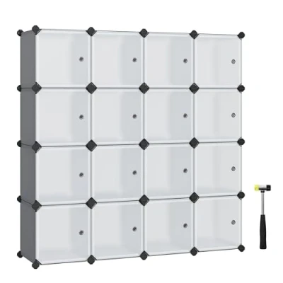 Abbildung von SONGMICS Regalsystem, Schuhregal, Set aus 16 Würfeln, Kleiderschrank Kunststoff, mit Türen, Steckregal, Aufbewahrung von Kleidung, Schuhen und Büchern, einfache Montage, grau LPC443G01