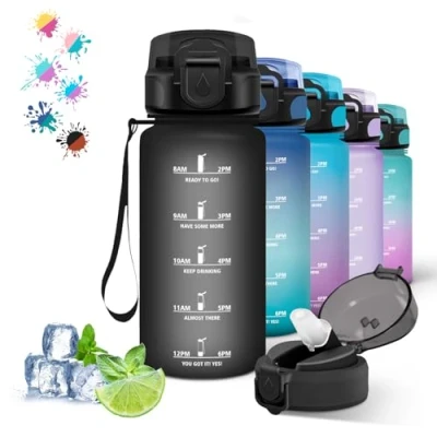 Abbildung von Trinkflasche Kinder, 500ml, mit Strohhalm, Leicht zu Reinigen, Auslaufsicher, Motivierendem Slogan, Wasserflasche für Schule, Reisen, Running, Yoga, Schwarz
