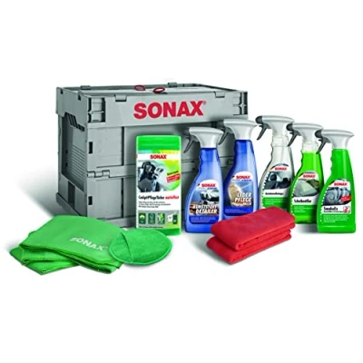 Abbildung von SONAX PflegeBox Innenraumpflegeset (9 teilig) hochwertige Produkte + Zubehör für die Reinigung &amp; Pflege im Innenraum, ideal unterwegs Art Nr. 07690410