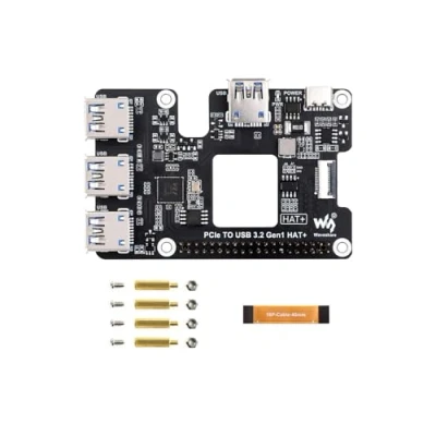 Abbildung von Waveshare PCIe to USB 3.2 Gen1 HAT+ Expansion Card for Raspberry Pi 5, PI5 Adapter Board, 4 Ports, 1 High Speed Standard, with Power Monitoring Chip &amp; Fan Vent, Plug and Play