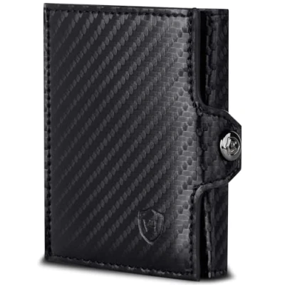 Abbildung von VON HEESEN Slim Wallet mit XXL Münzfach &amp; RFID Schutz Mini Geldbörse Herren Damen Kartenetui Kreditkartenetui Portmonee Geldbeutel Portemonnaie klein Carbon Schwarz